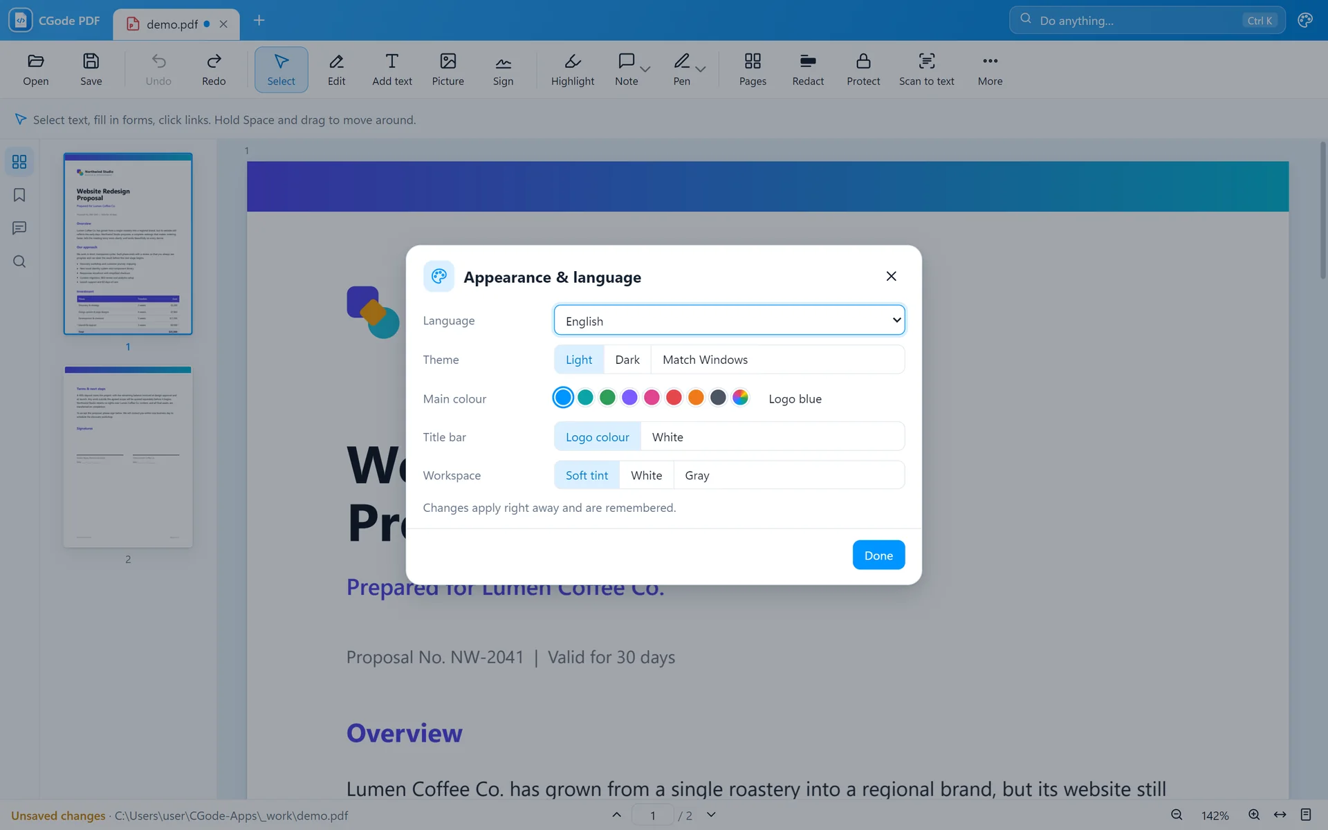 Appearance and language settings