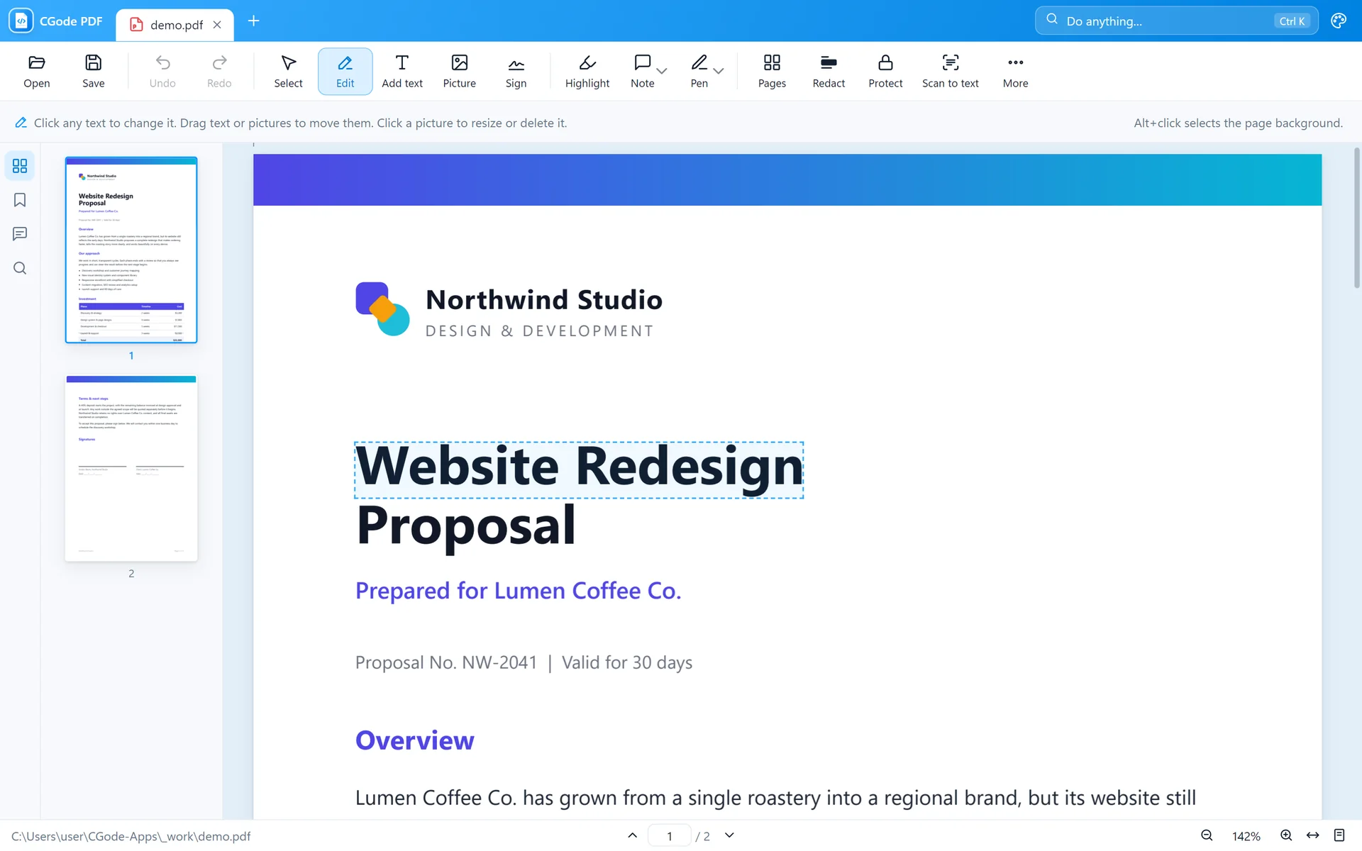 Edit mode showing clickable text lines
