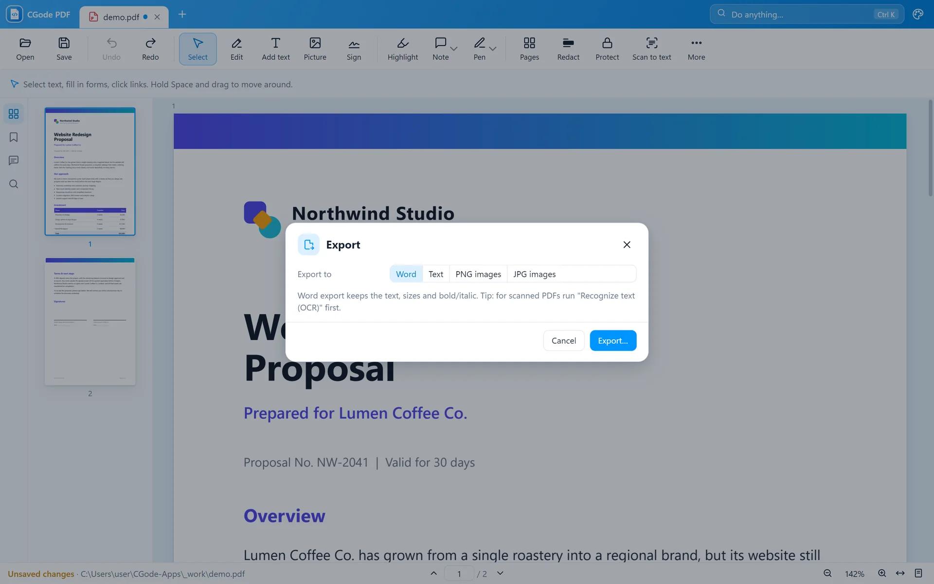 The export window in CGode PDF