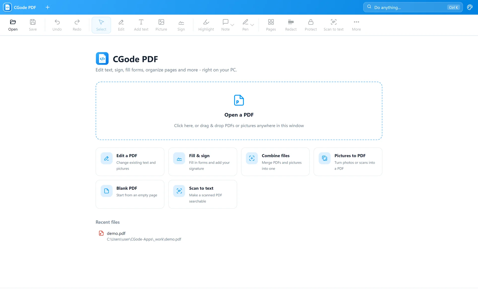 The CGode PDF start screen