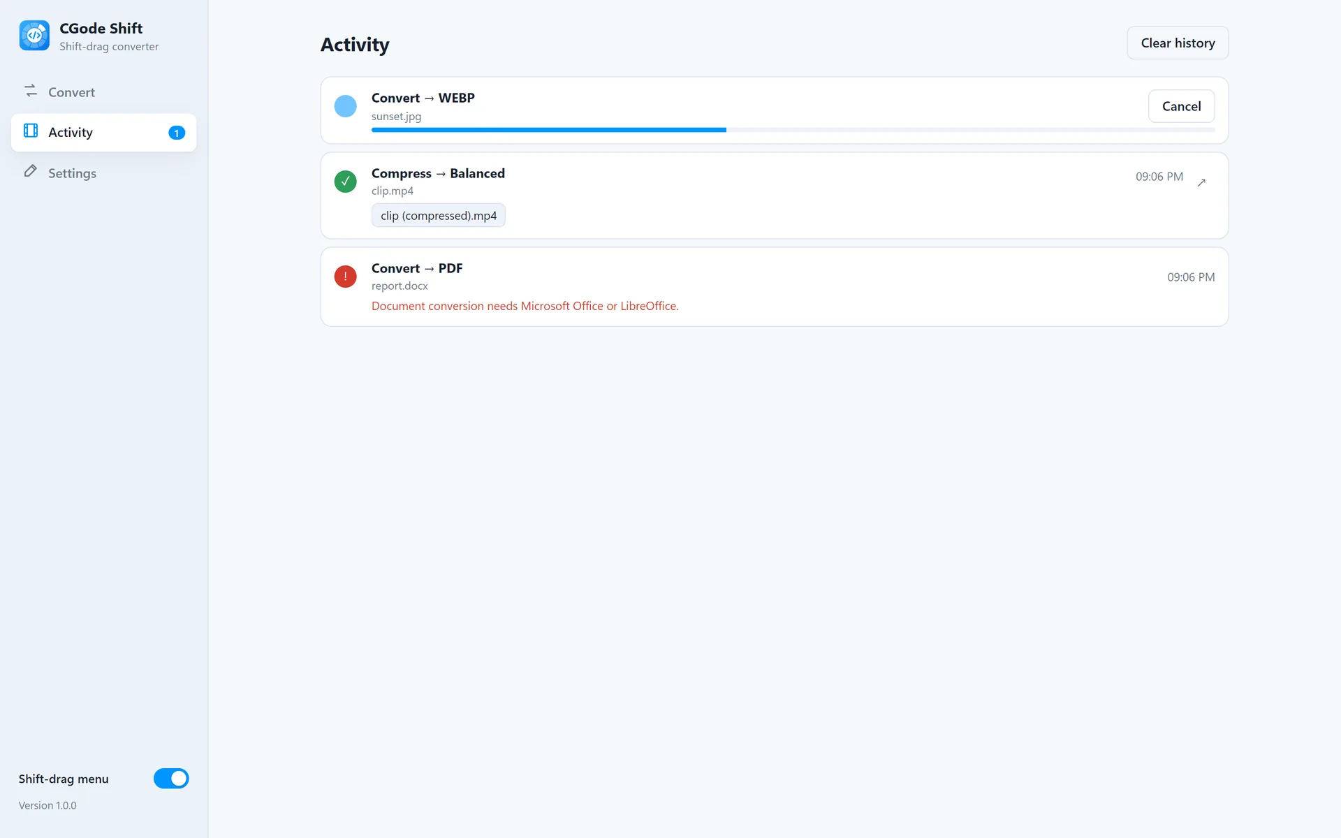 The Activity list in CGode Shift