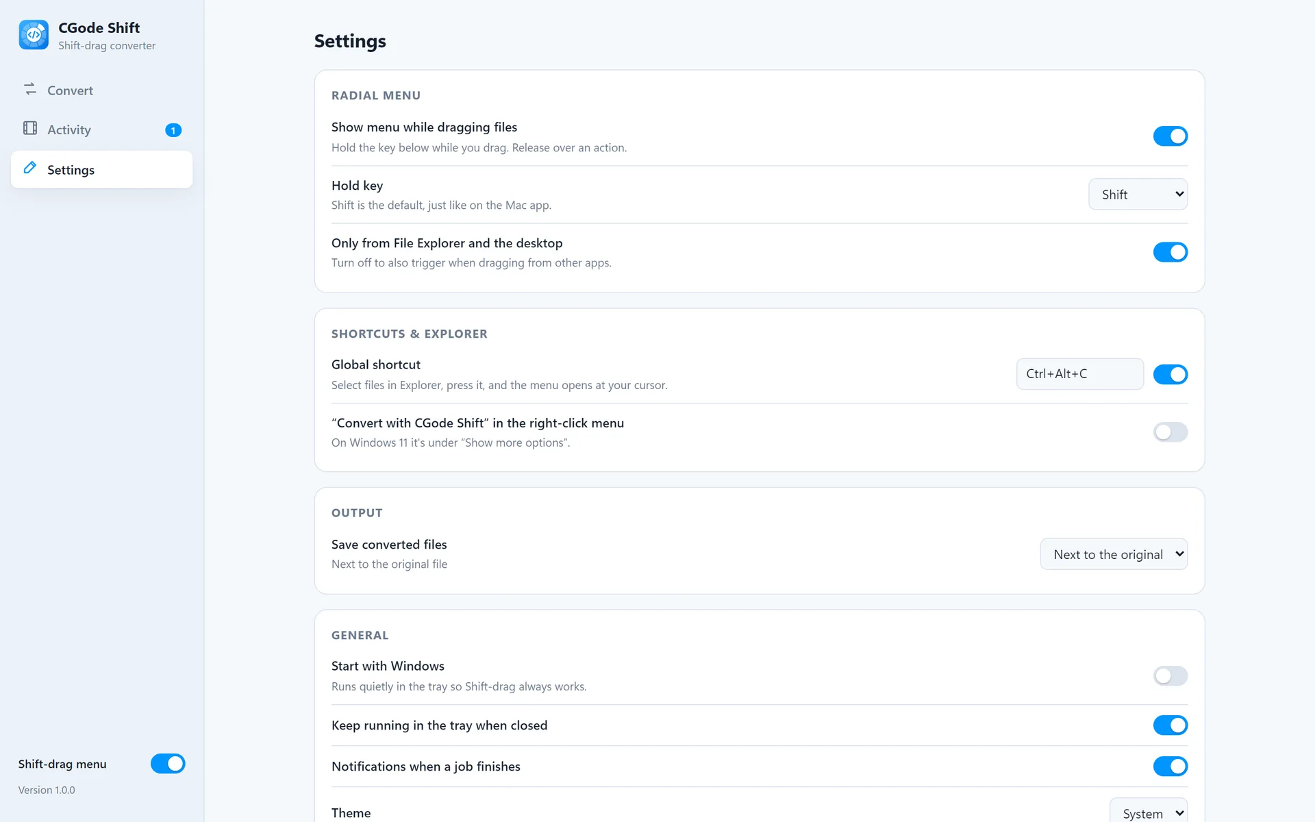 CGode Shift settings